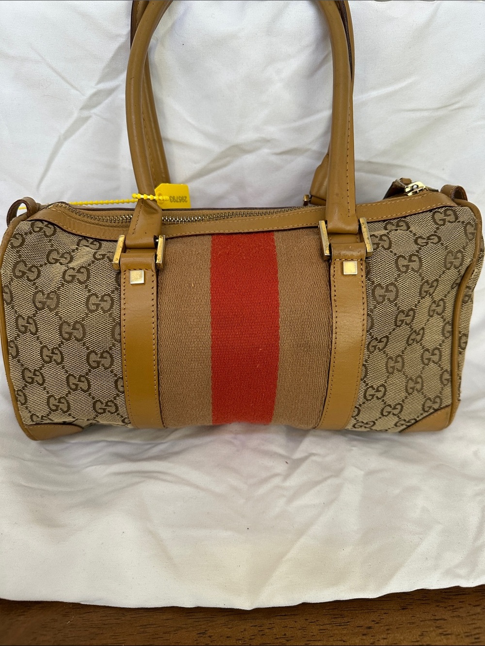 Vintage Gucci Beige Monogram Boston Bag with Orange Red Center Stripe